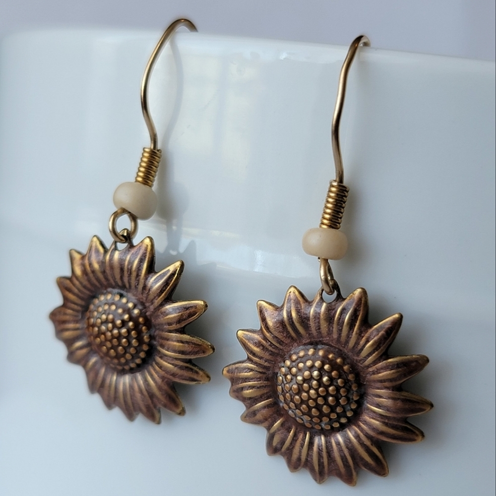Sunflower Dangle Earrings Antiqued Copper Handmade Gold Ear Wires